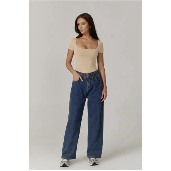 NWT QINSEN Women's Square Neck Short Sleeve Double-Layer Bodysuit Fashion - Picture 3 of 6